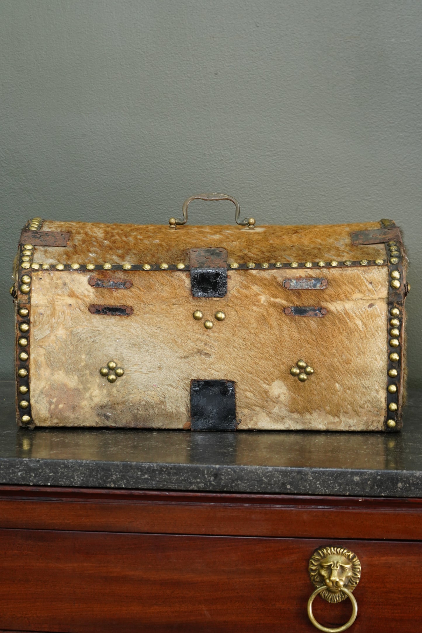 Antique English Haircalf Dome Top Trunk by I.K. Powell of Barnard Castle, Circa 1830