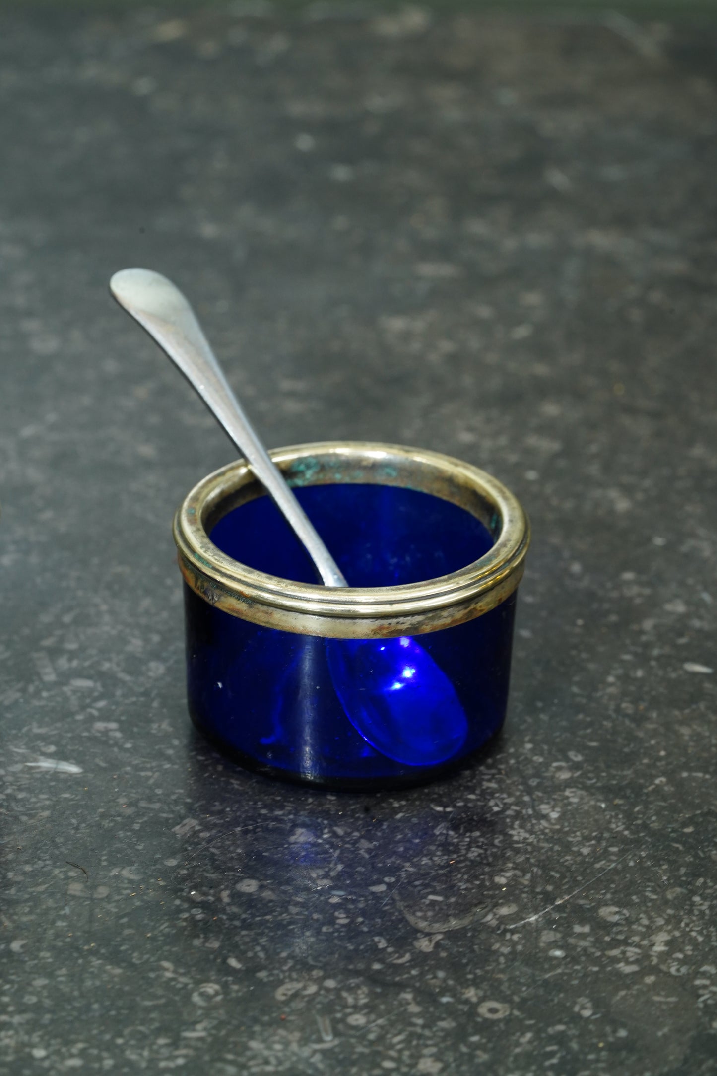 Antique English Silver Plate Salt Cellars with Cobalt Blue Glass Liners and Spoons