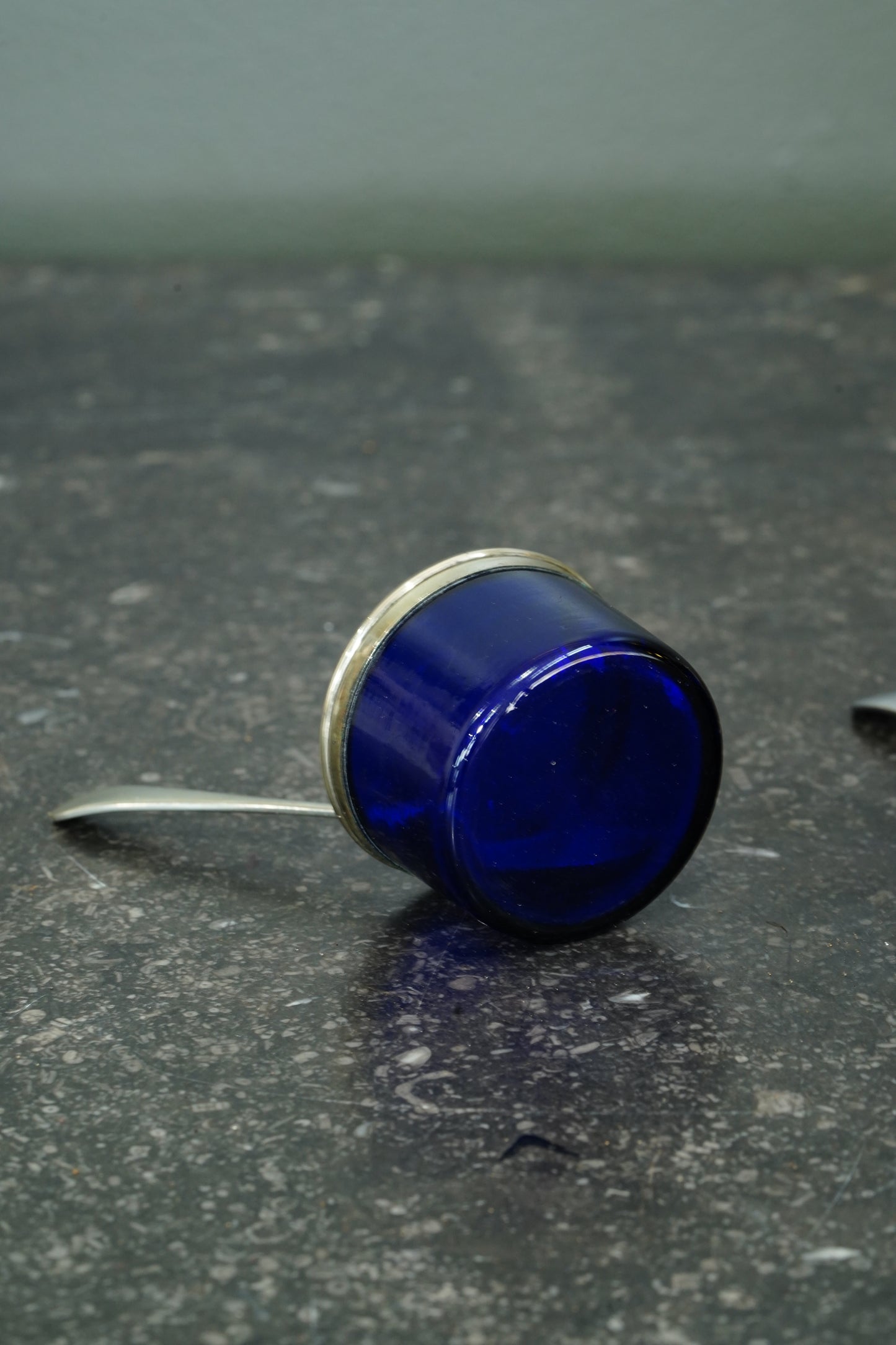 Antique English Silver Plate Salt Cellars with Cobalt Blue Glass Liners and Spoons