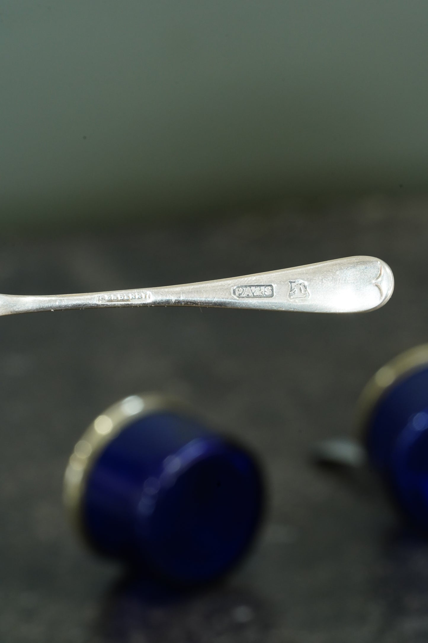 Antique English Silver Plate Salt Cellars with Cobalt Blue Glass Liners and Spoons