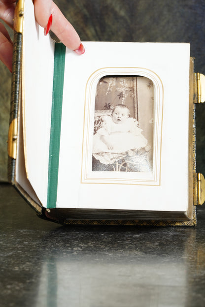Antique Victorian Photograph Album, Green Morocco and Gilt Brass