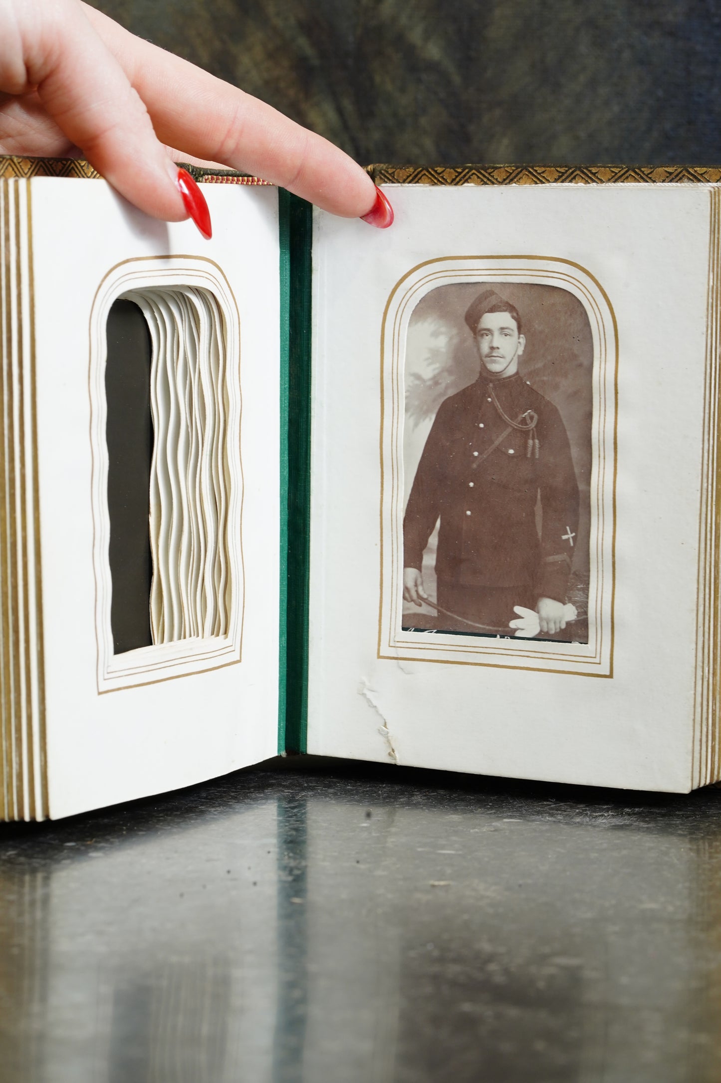 Antique Victorian Photograph Album, Green Morocco and Gilt Brass