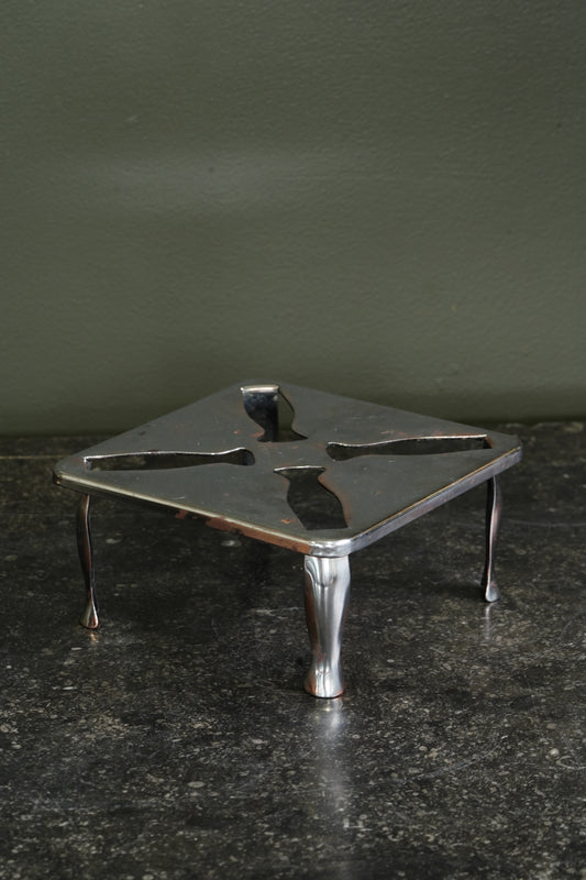 Vintage English Chrome Trivet, Pierced Pinwheel Pattern Riser