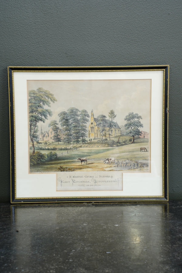 Antique Victorian Lithograph St. Martin's Church East Ravendale Lincolnshire, 1857