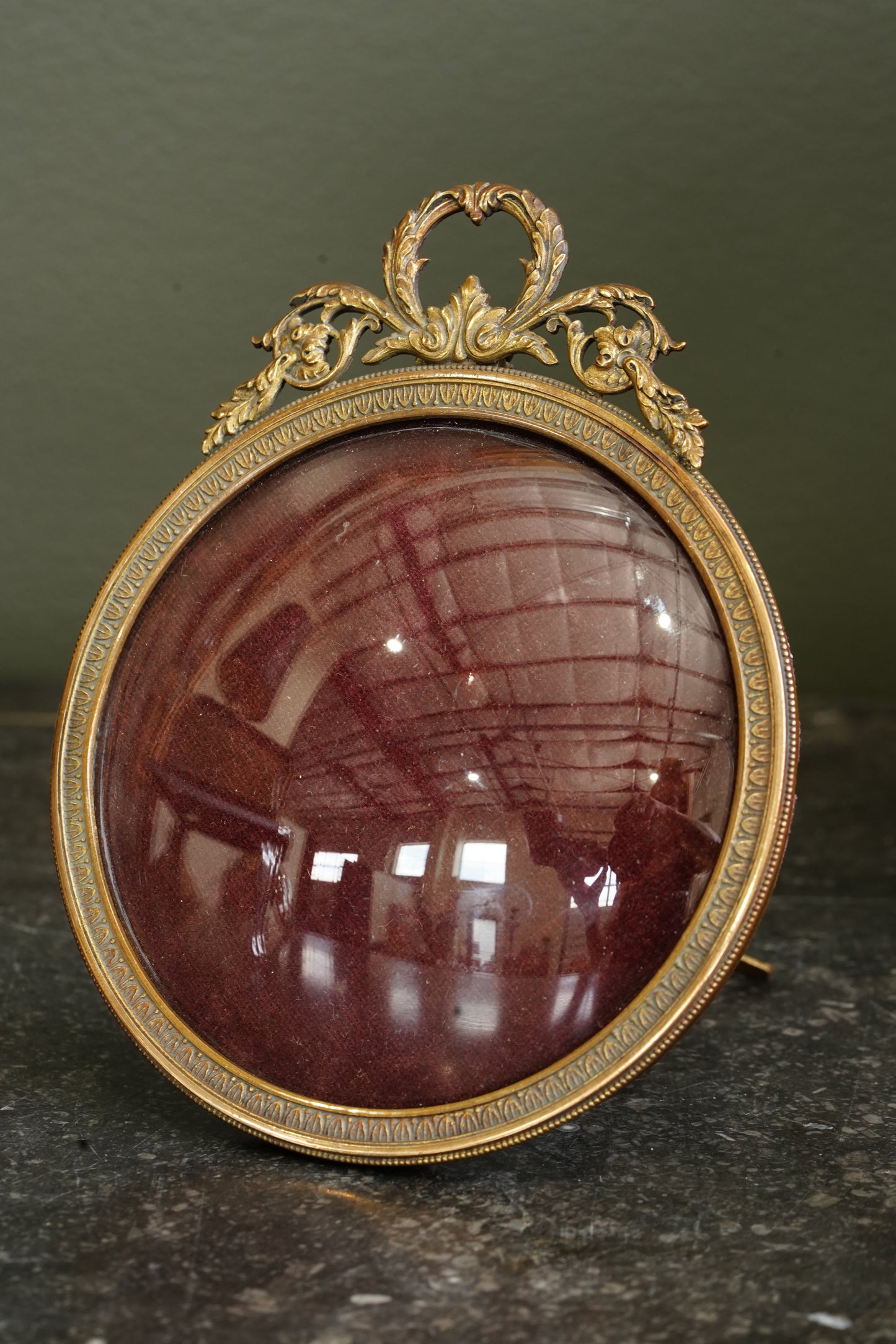 Antique Gilt Brass Round Picture Frames with Domed Glass