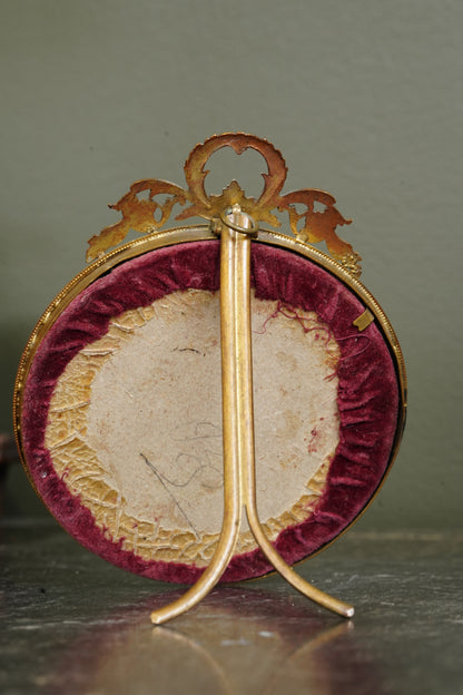 Antique Gilt Brass Round Picture Frames with Domed Glass