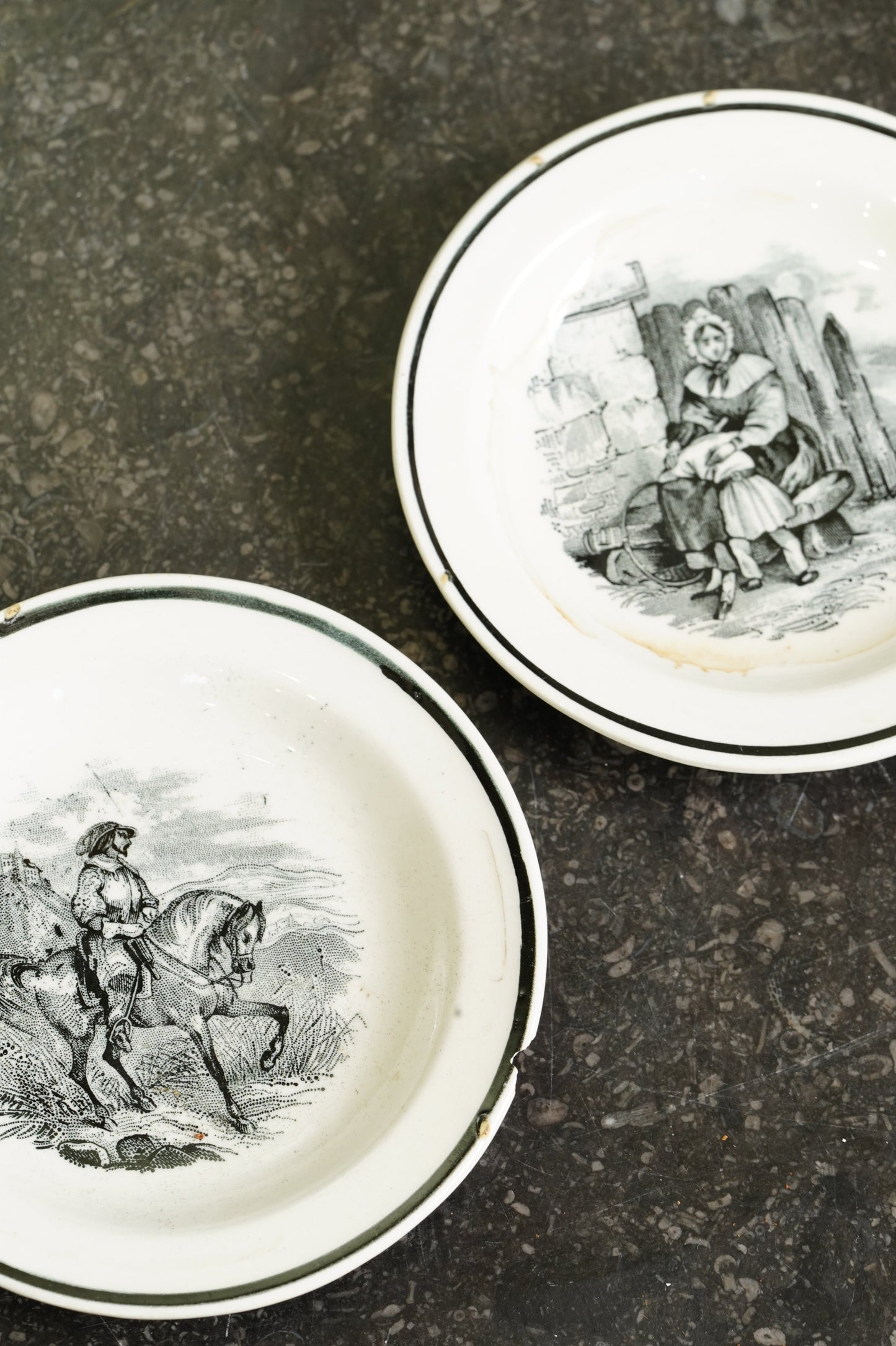 Victorian Black Transferware Butter Pats, Set of 2, Circa 1870