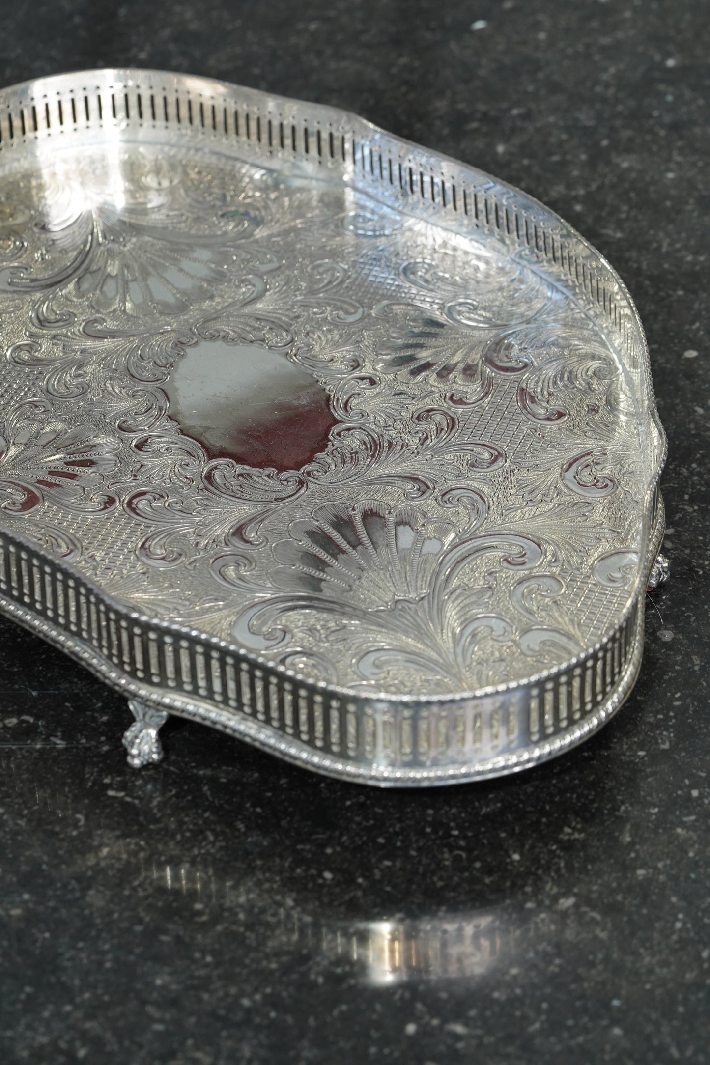 Sheffield Silverplate Gallery Tray, Engraved Rococo, Mid-20th Century
