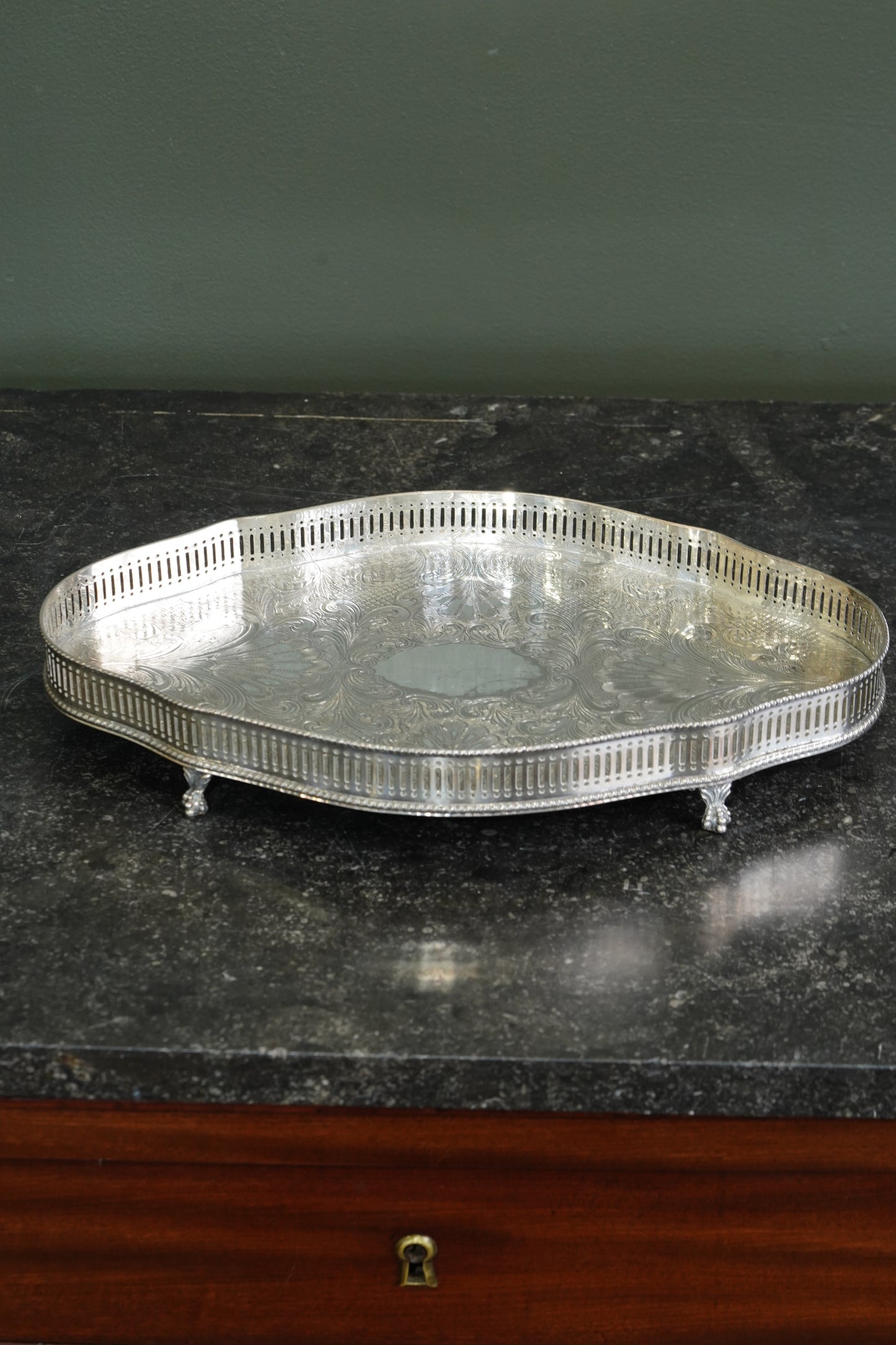 Sheffield Silverplate Gallery Tray, Engraved Rococo, Mid-20th Century