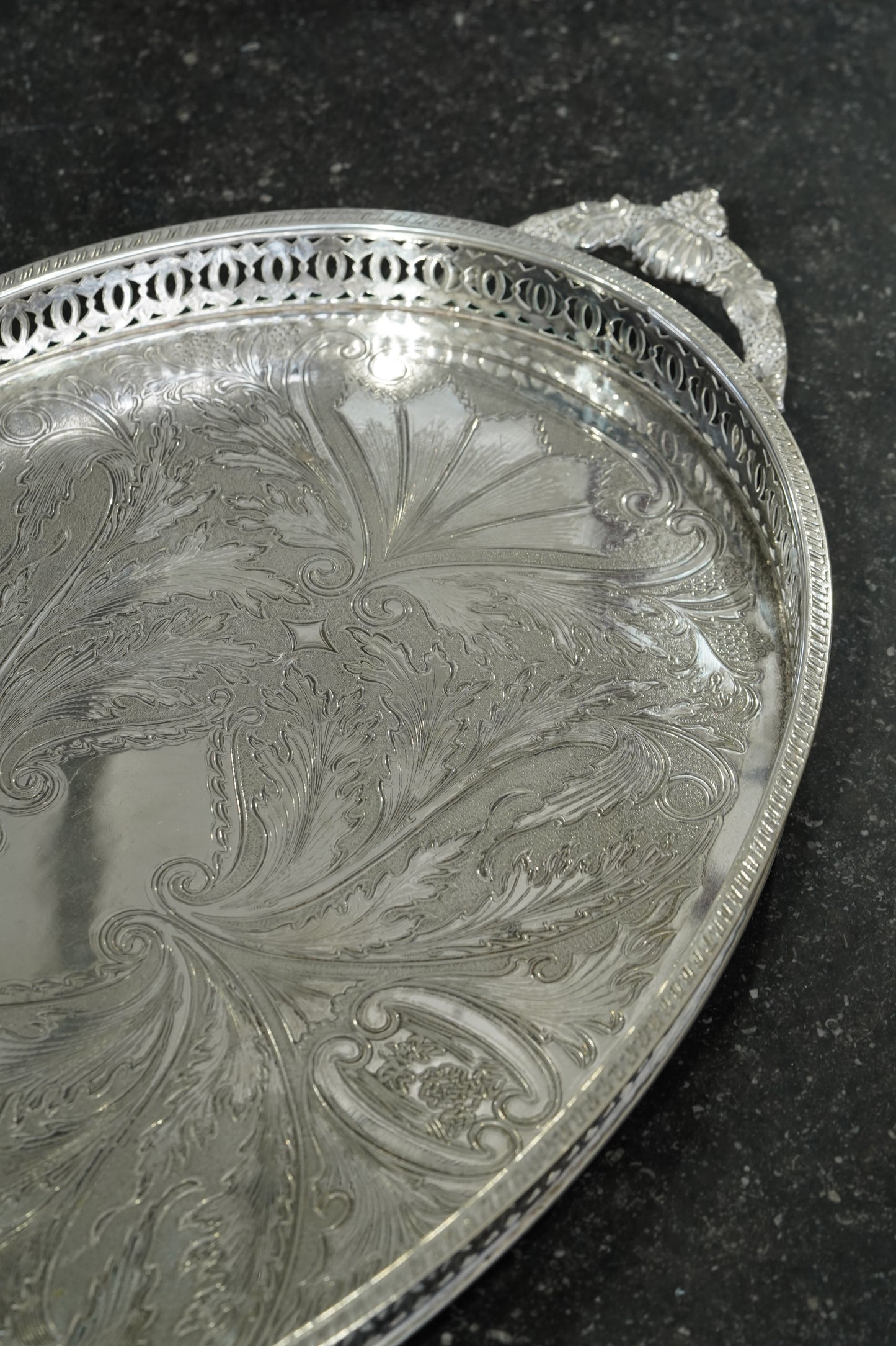 Vintage English Oval Silver Plate Gallery Tray with Shell Handles