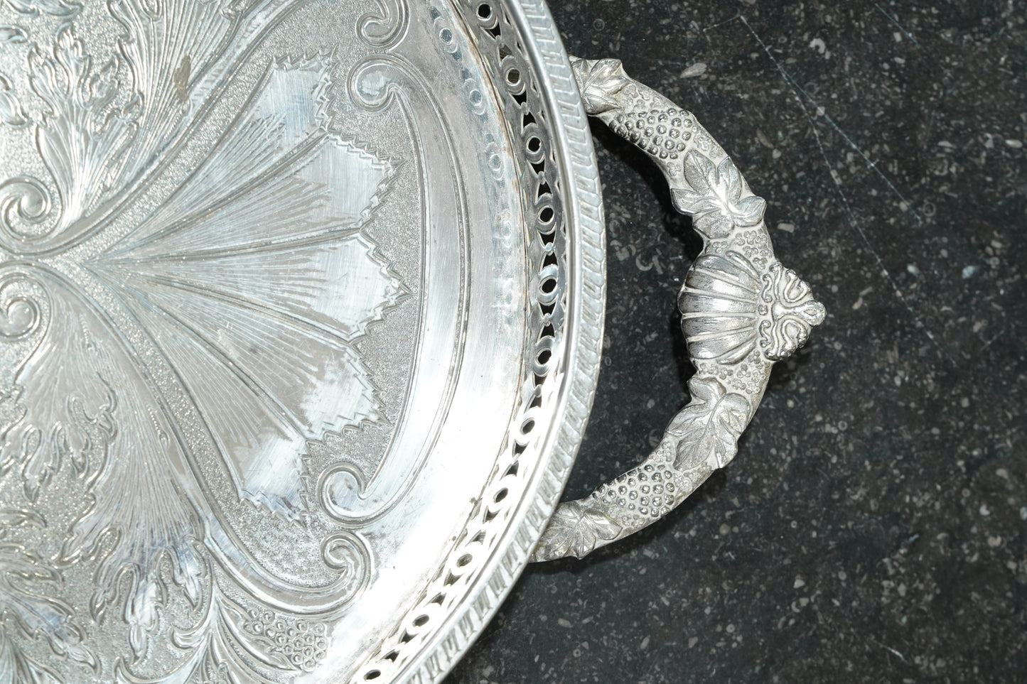 Vintage English Oval Silver Plate Gallery Tray with Shell Handles