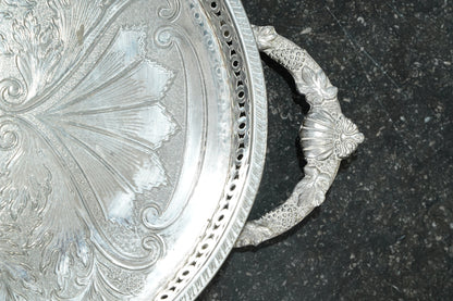 Vintage English Oval Silver Plate Gallery Tray with Shell Handles