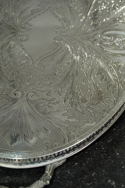 Vintage English Oval Silver Plate Gallery Tray with Shell Handles