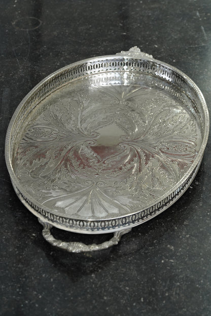 Vintage English Oval Silver Plate Gallery Tray with Shell Handles