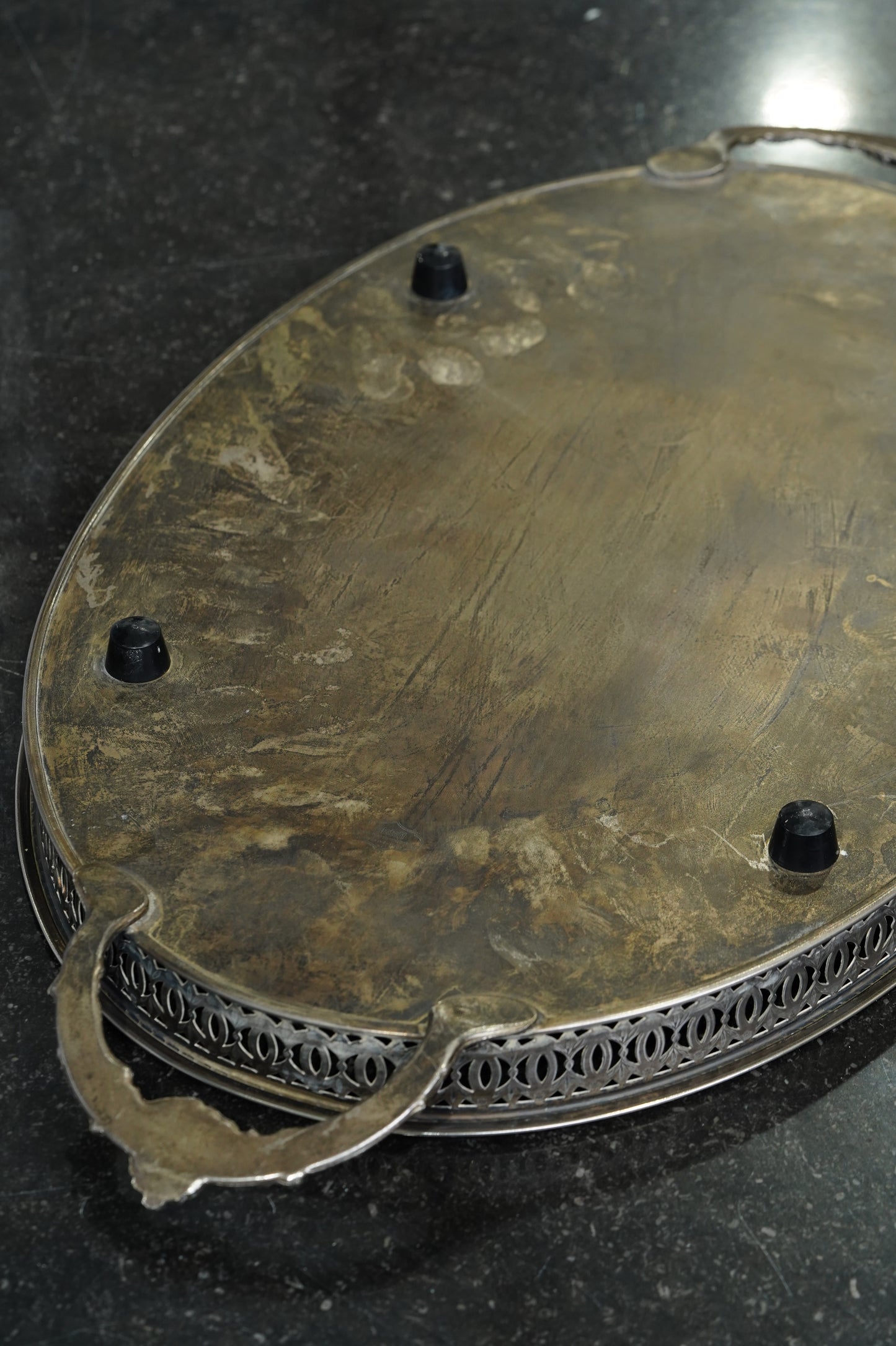 Vintage English Oval Silver Plate Gallery Tray with Shell Handles