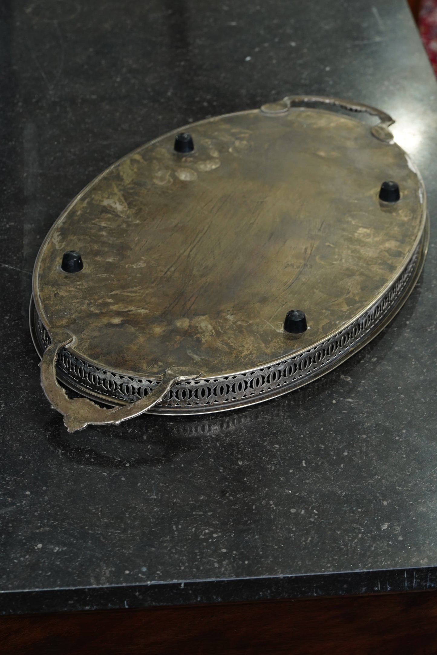 Vintage English Oval Silver Plate Gallery Tray with Shell Handles