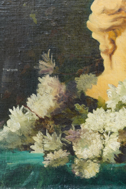 Antique Continental Still Life Classical Bust with Chrysanthemums Oil Painting