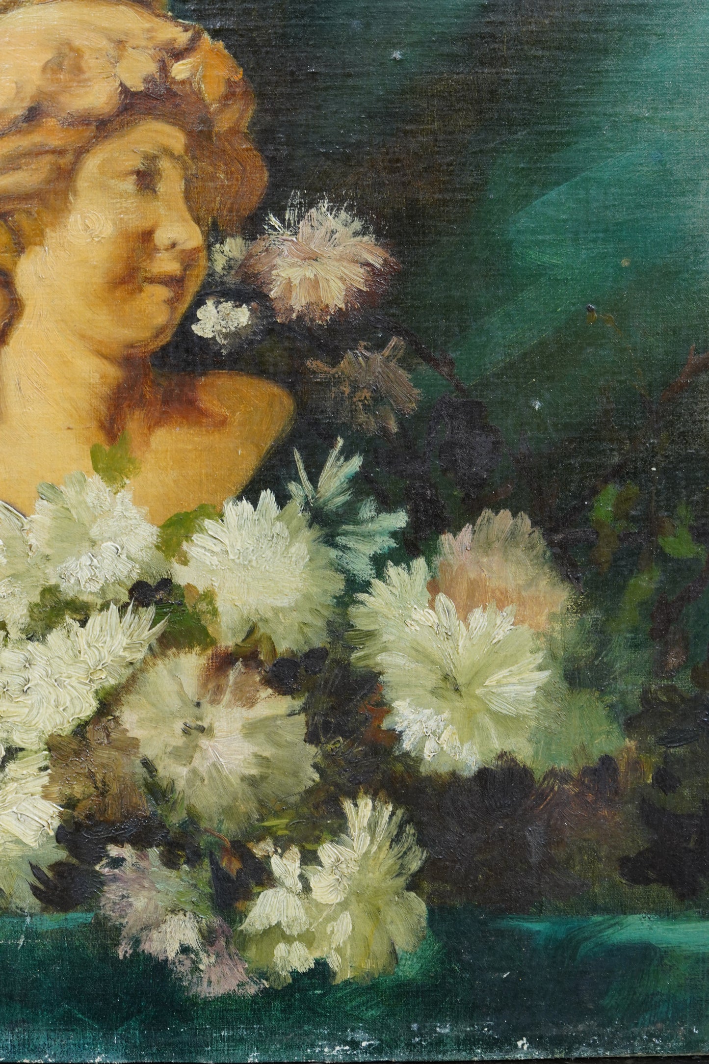 Antique Continental Still Life Classical Bust with Chrysanthemums Oil Painting