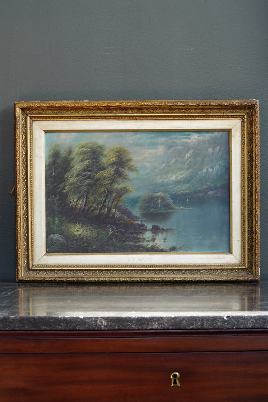 Antique Scottish Oil Painting of Loch Katrine Scotland, Signed J T Watts 1885