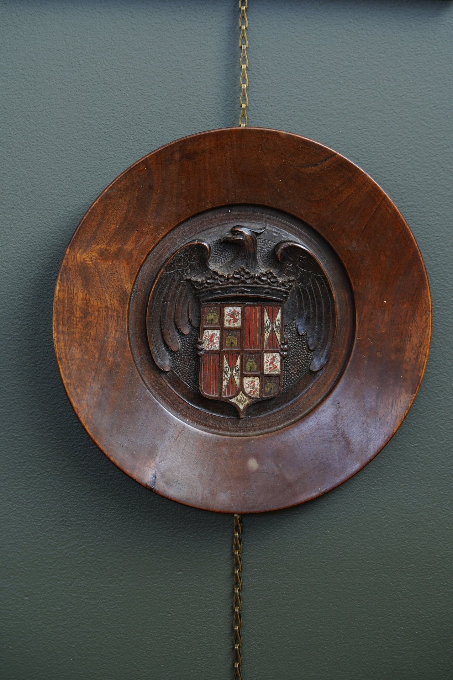Carved Walnut Spanish Armorial Charger, Arms of the Catholic Monarchs, c. 1930