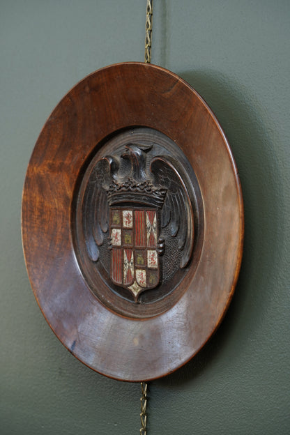Carved Walnut Spanish Armorial Charger, Arms of the Catholic Monarchs, c. 1930