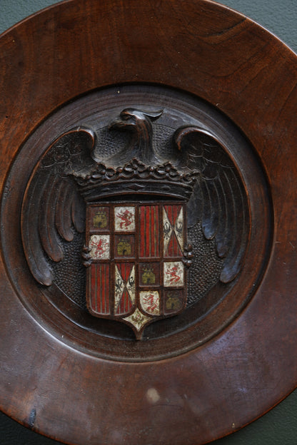 Carved Walnut Spanish Armorial Charger, Arms of the Catholic Monarchs, c. 1930