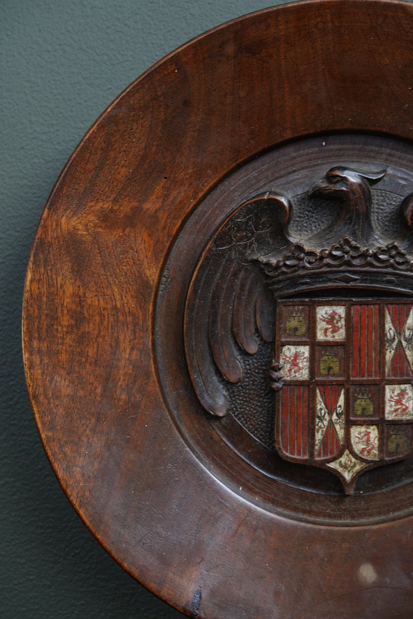 Carved Walnut Spanish Armorial Charger, Arms of the Catholic Monarchs, c. 1930