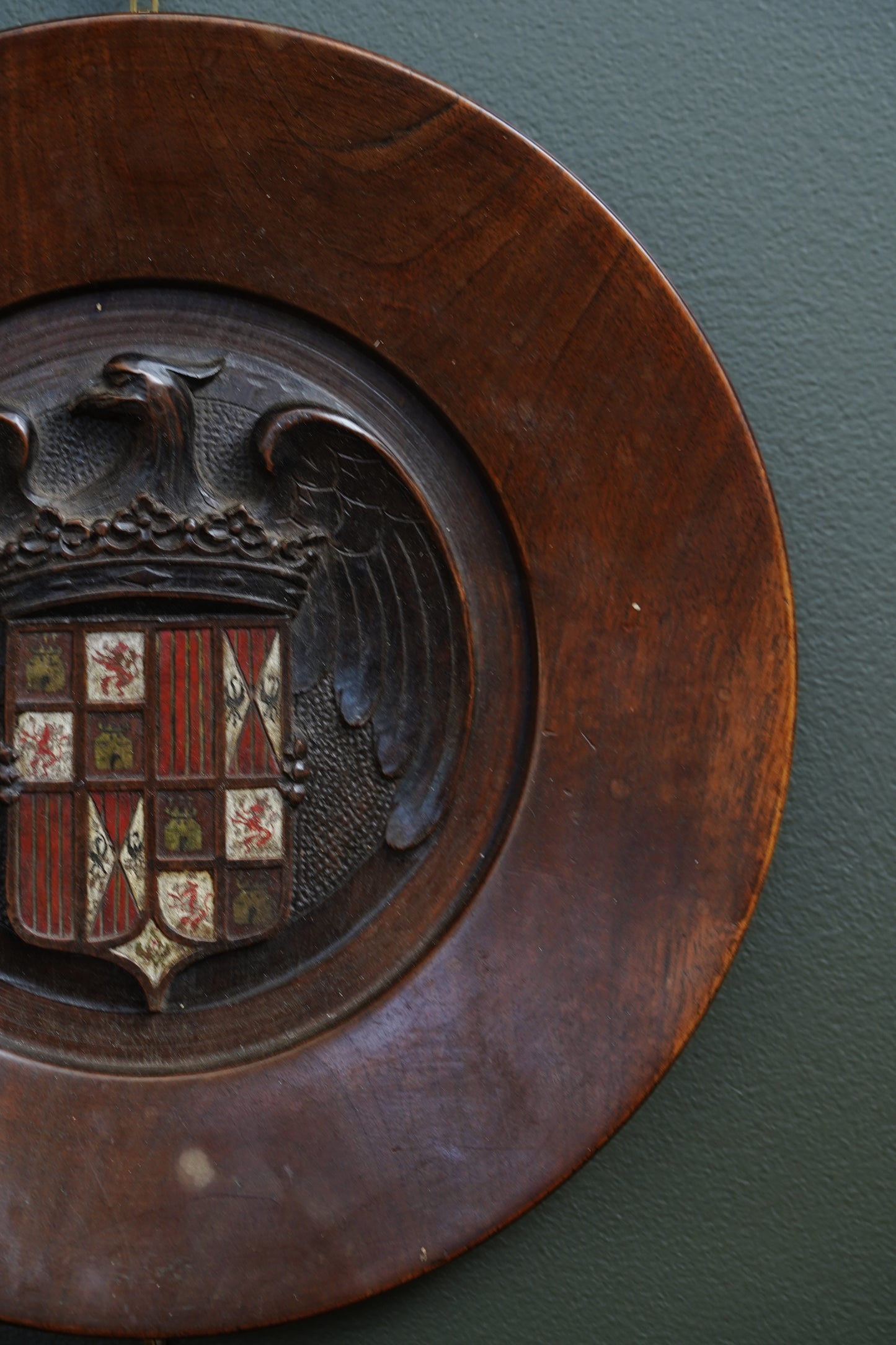 Carved Walnut Spanish Armorial Charger, Arms of the Catholic Monarchs, c. 1930
