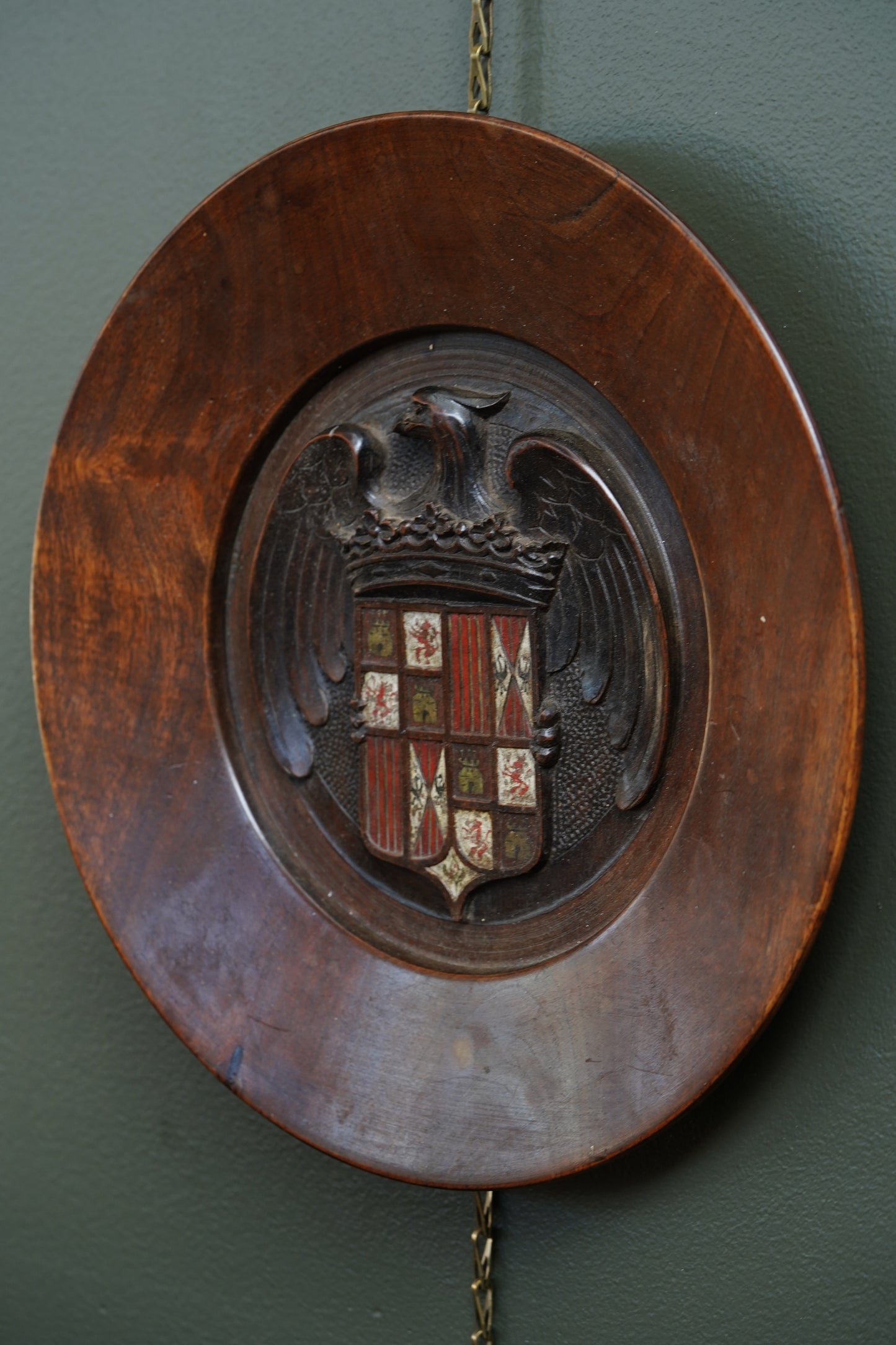 Carved Walnut Spanish Armorial Charger, Arms of the Catholic Monarchs, c. 1930