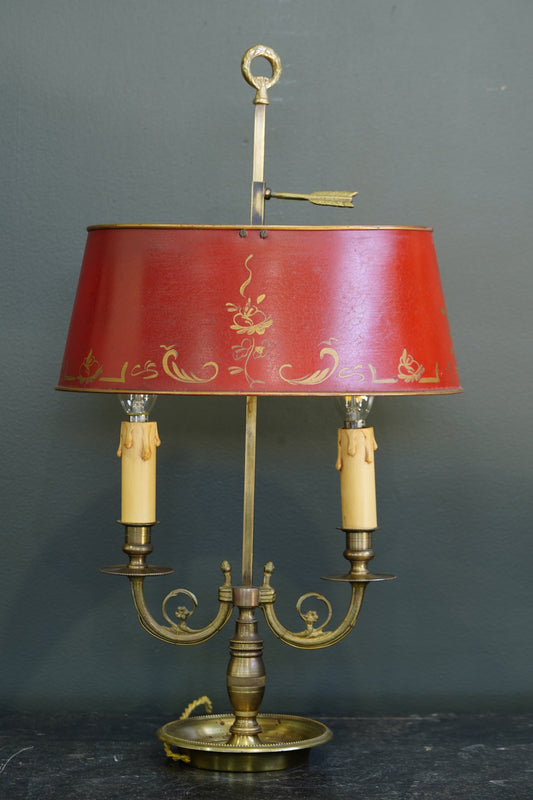 French Brass Bouillotte Lamp, Red Tole Shade