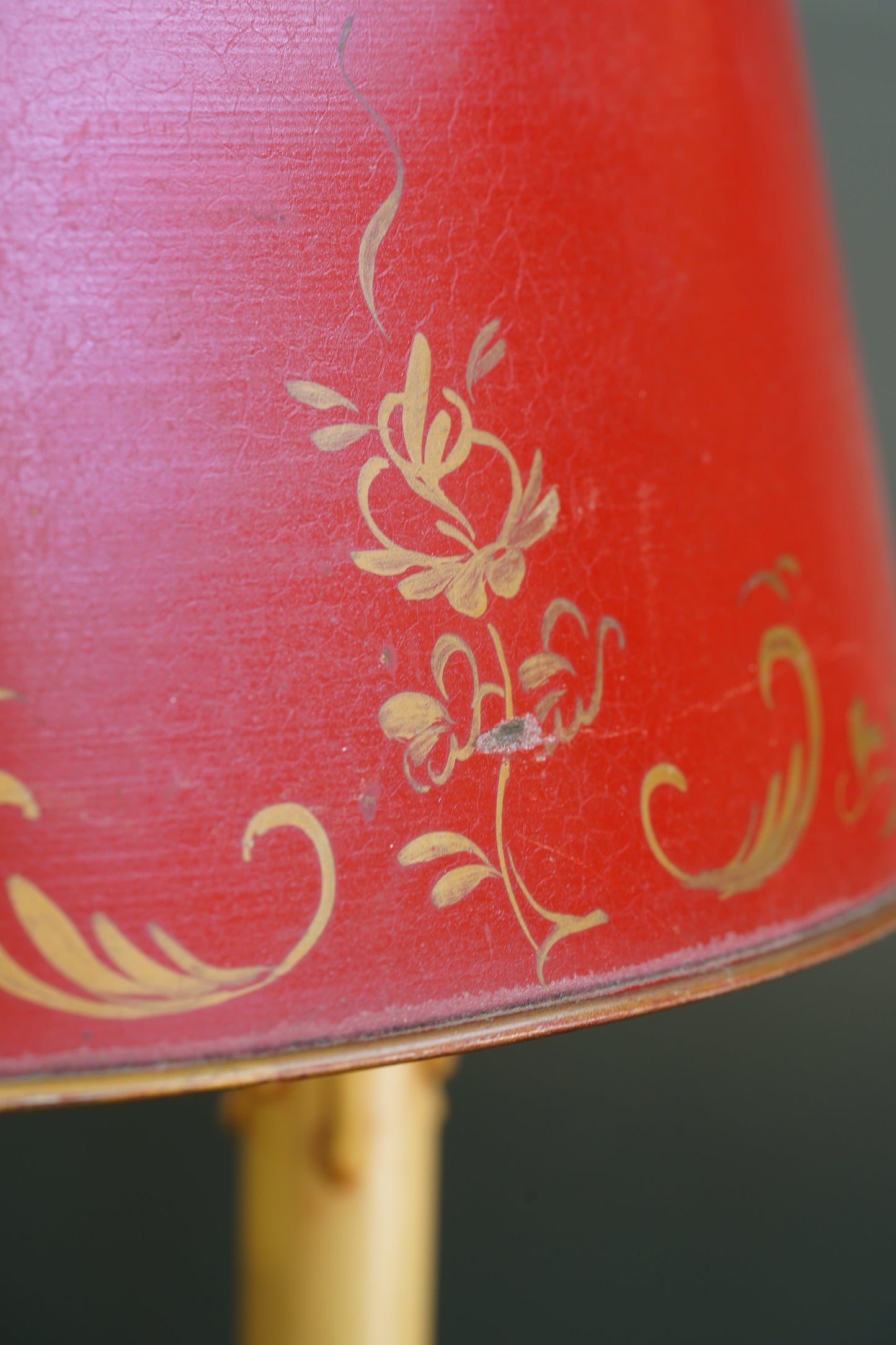 French Brass Bouillotte Lamp, Red Tole Shade