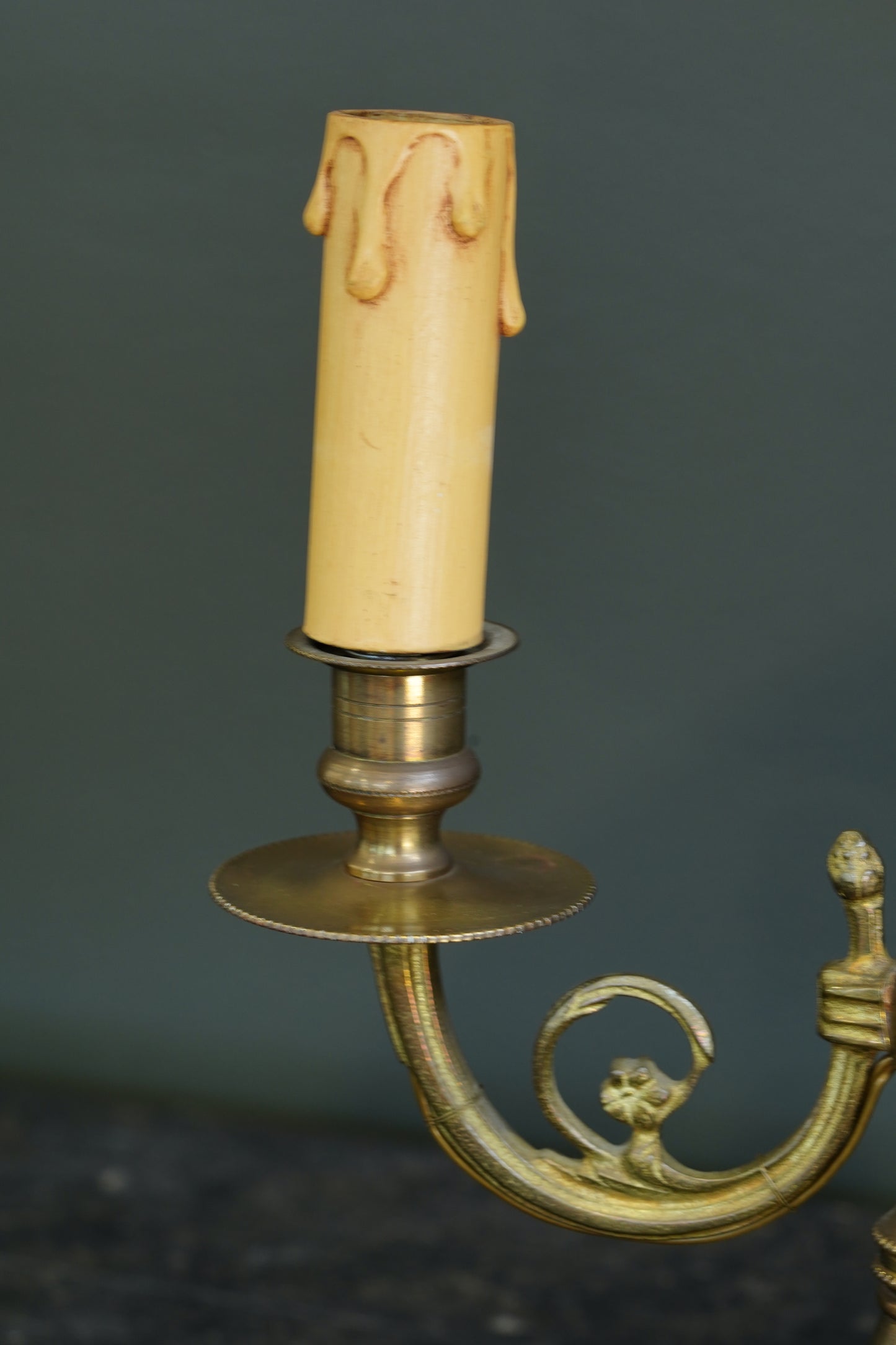 French Brass Bouillotte Lamp, Red Tole Shade