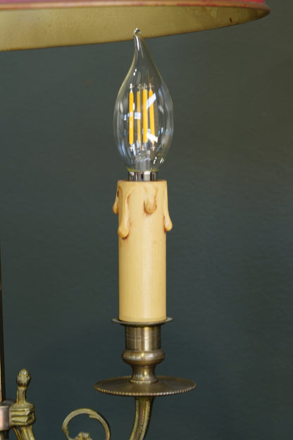 French Brass Bouillotte Lamp, Red Tole Shade