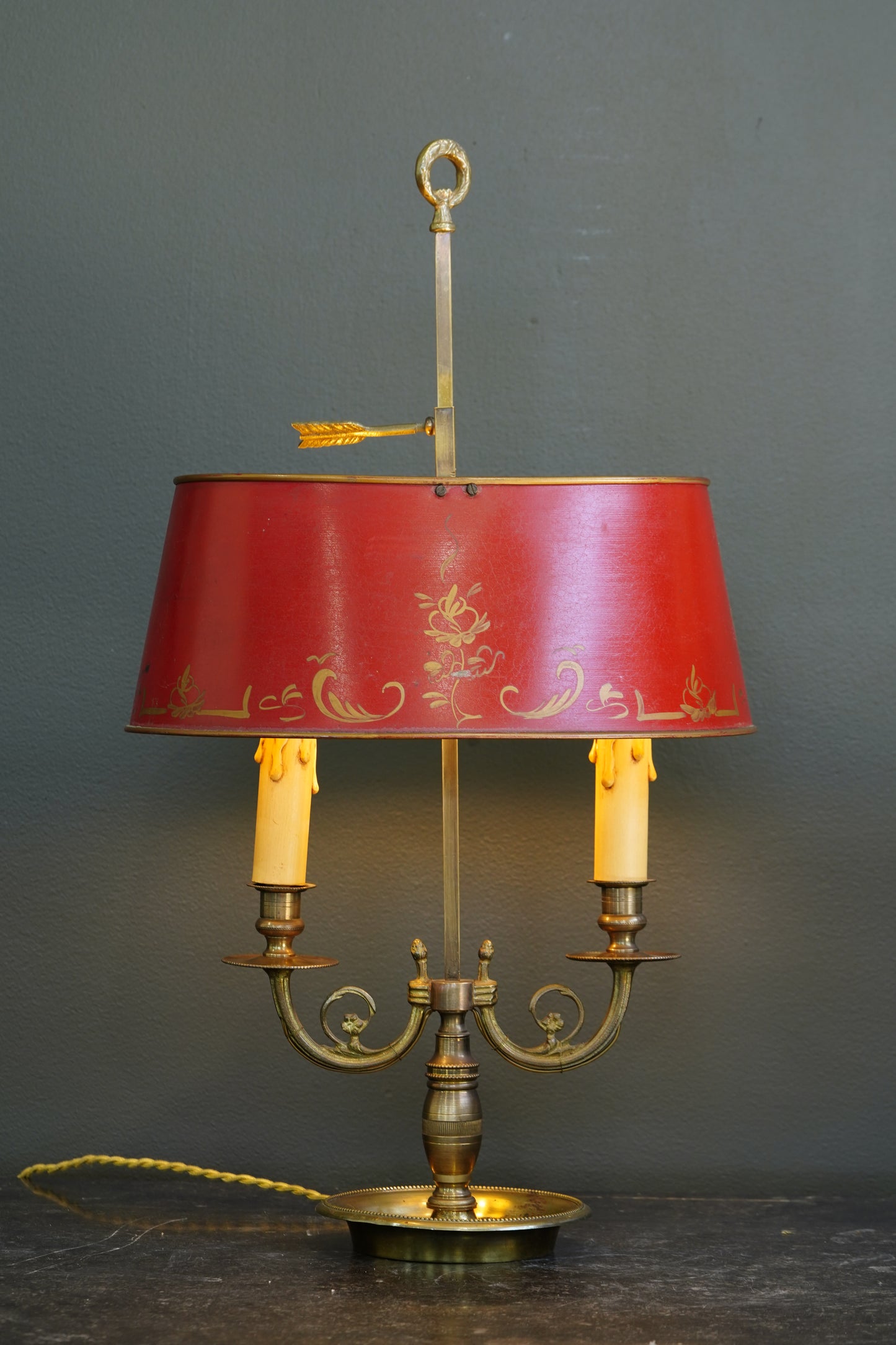 French Brass Bouillotte Lamp, Red Tole Shade