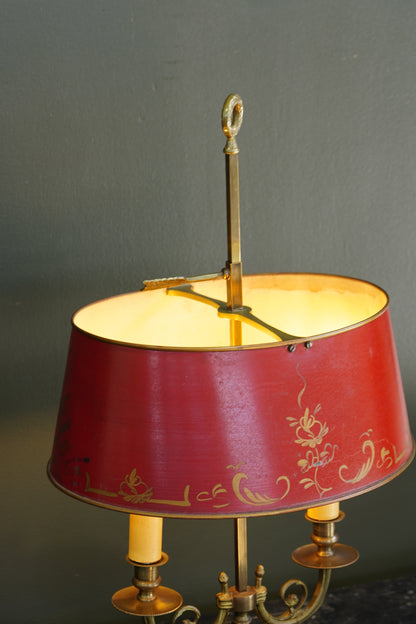 French Brass Bouillotte Lamp, Red Tole Shade