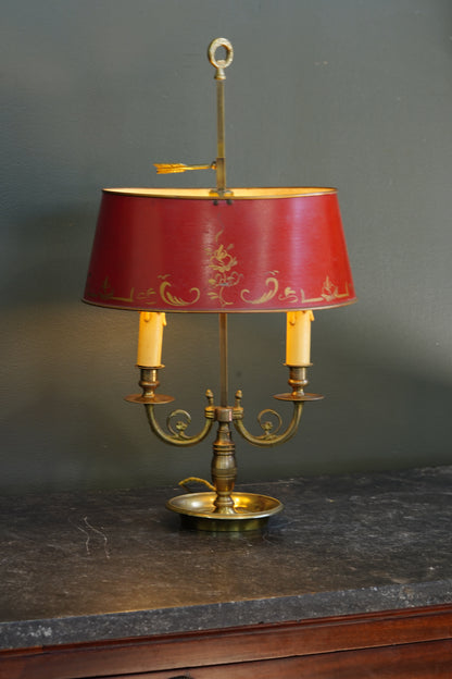 French Brass Bouillotte Lamp, Red Tole Shade