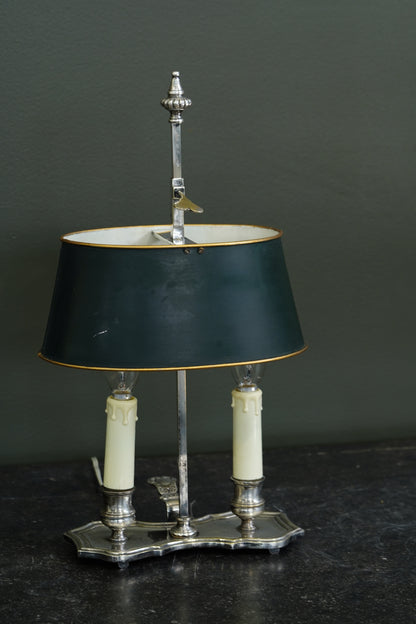 Vintage French Silverplate Bouillotte Lamp with Green Tole Shade