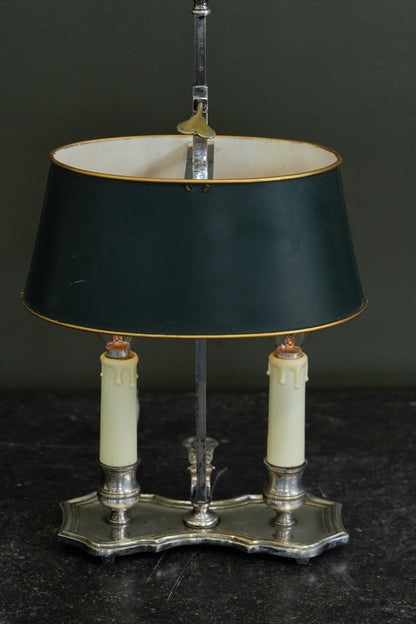 Vintage French Silverplate Bouillotte Lamp with Green Tole Shade