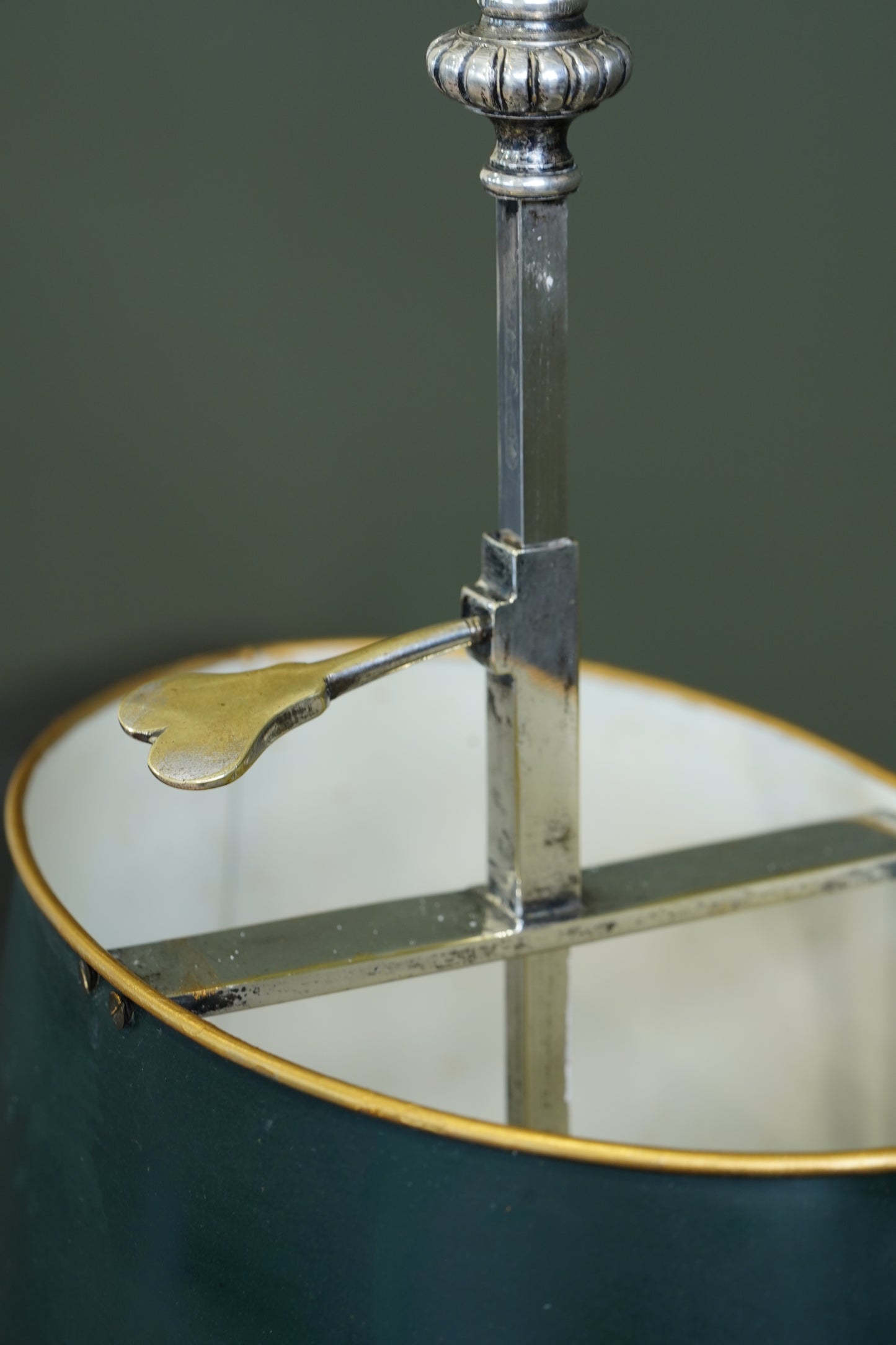 Vintage French Silverplate Bouillotte Lamp with Green Tole Shade