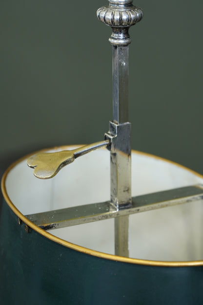 Vintage French Silverplate Bouillotte Lamp with Green Tole Shade