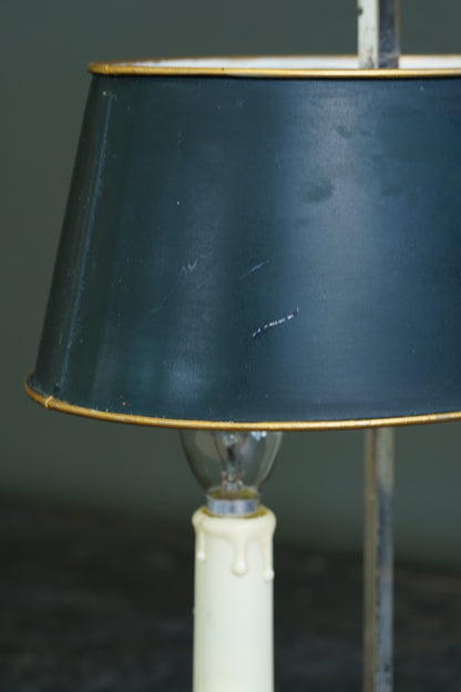Vintage French Silverplate Bouillotte Lamp with Green Tole Shade