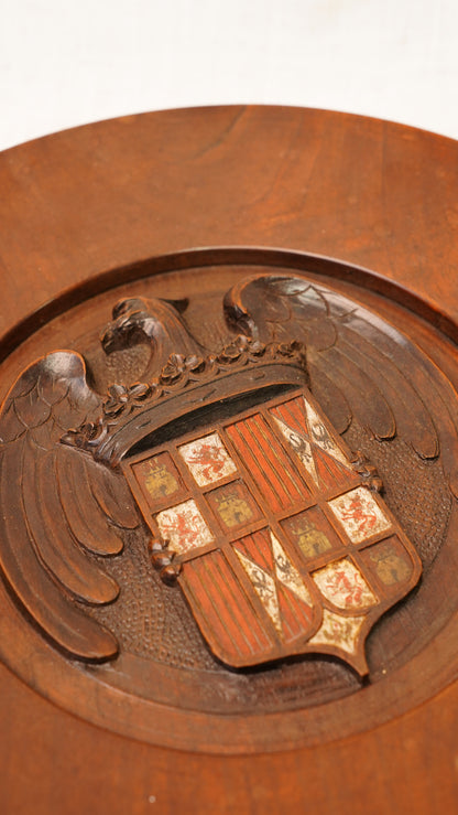 Carved Walnut Spanish Armorial Charger, Arms of the Catholic Monarchs, Circa 1930
