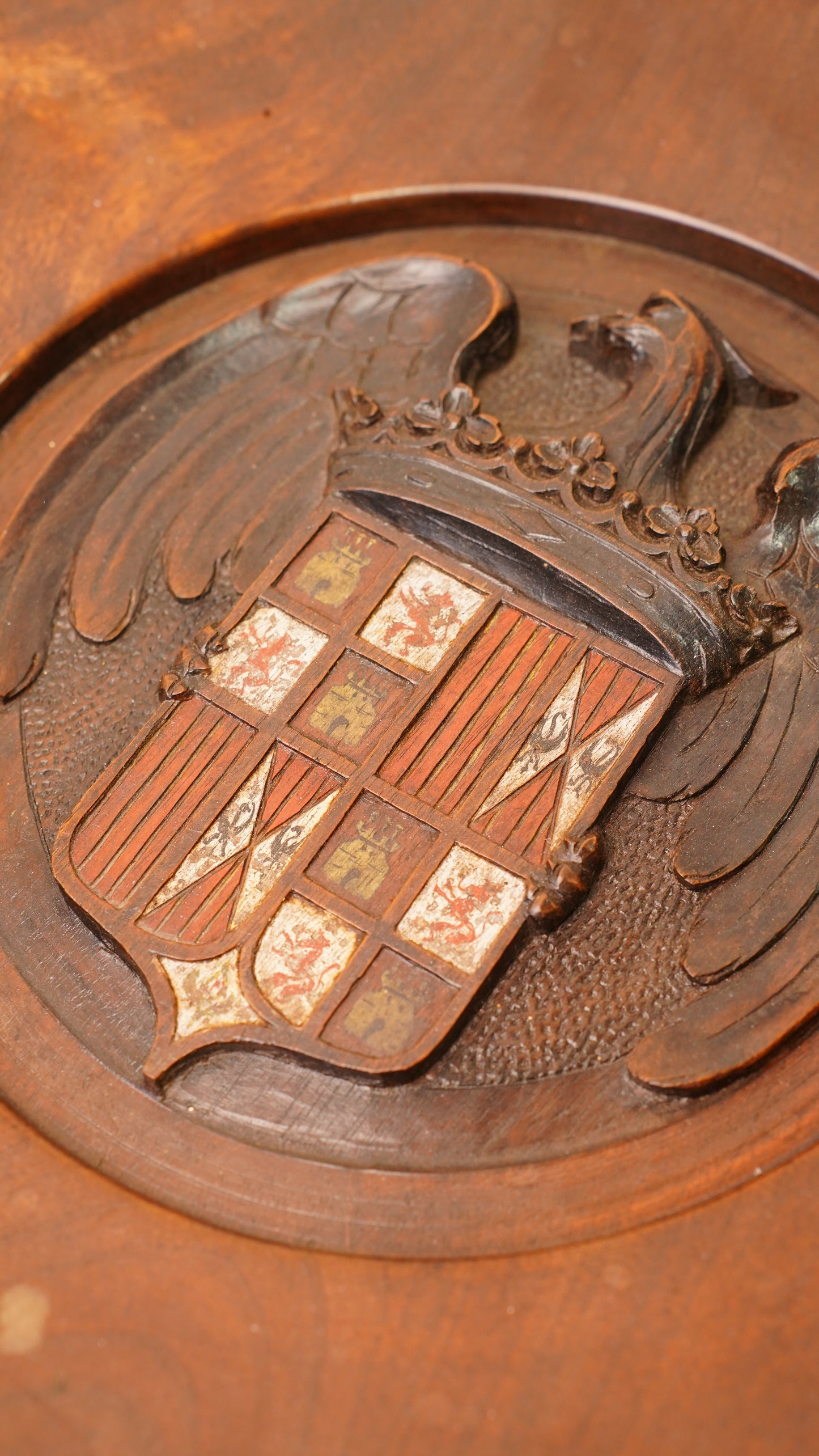 Carved Walnut Spanish Armorial Charger, Arms of the Catholic Monarchs, Circa 1930