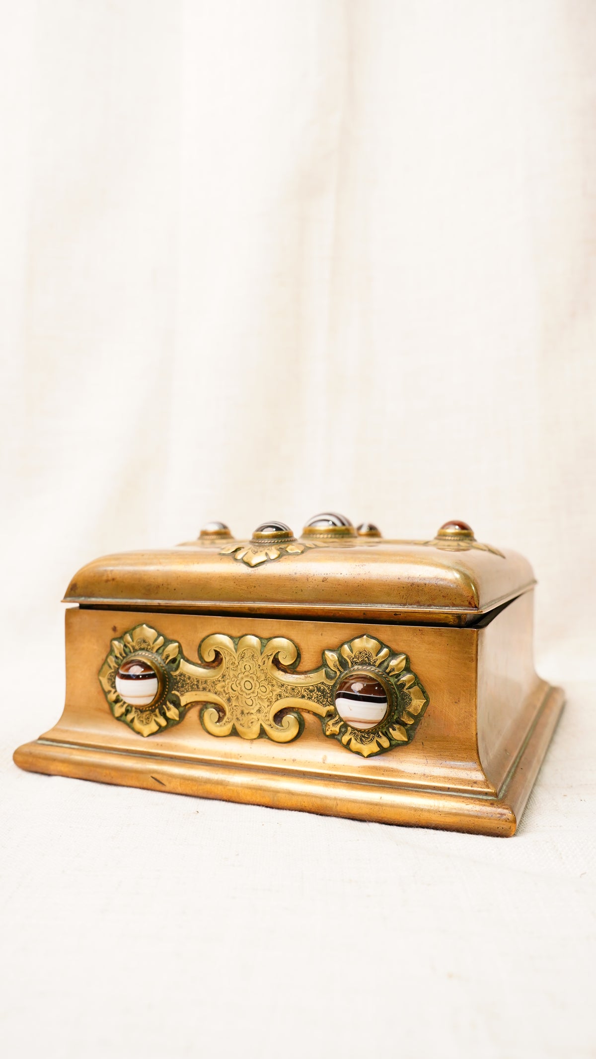 Victorian Gilt Brass Bézique Games Box with Agate Cabochons, Circa 1870