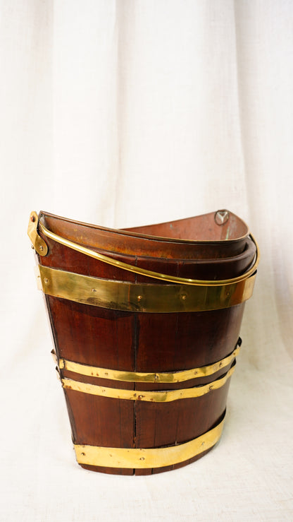 Antique English Mahogany Brass Bound Navette Peat Bucket