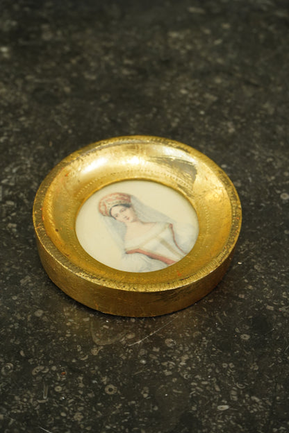 Vintage Portrait Miniature Print, Circular Gilt Metal Frame