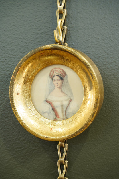 Vintage Portrait Miniature Print, Circular Gilt Metal Frame