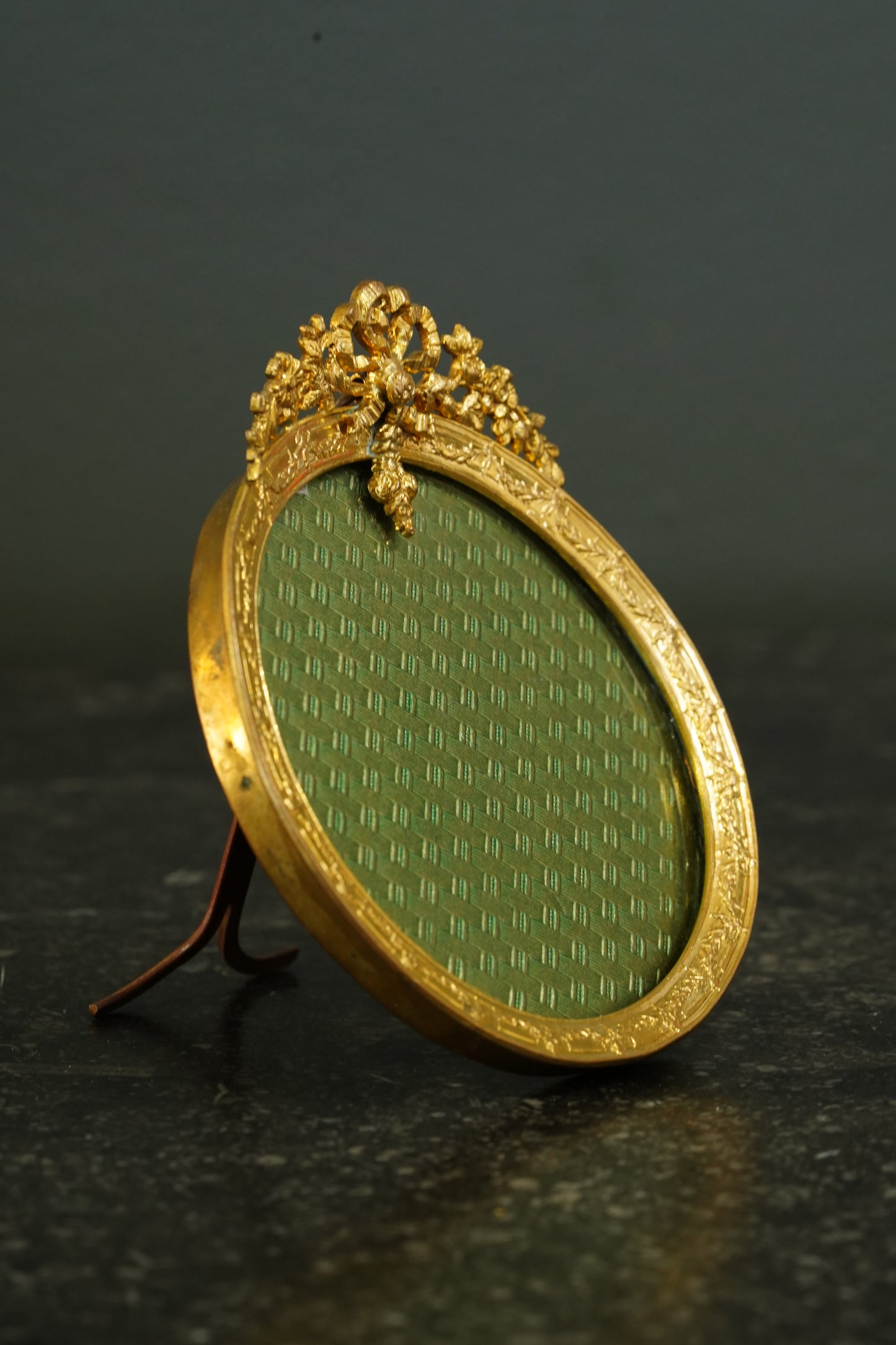 Antique French Gilt Brass Oval Picture Frame with Bow Crest