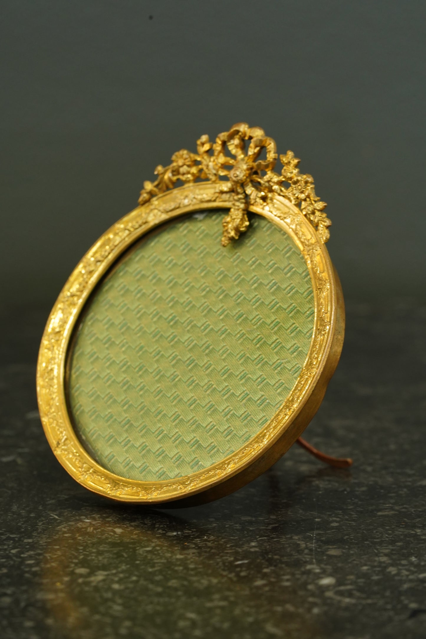 Antique French Gilt Brass Oval Picture Frame with Bow Crest