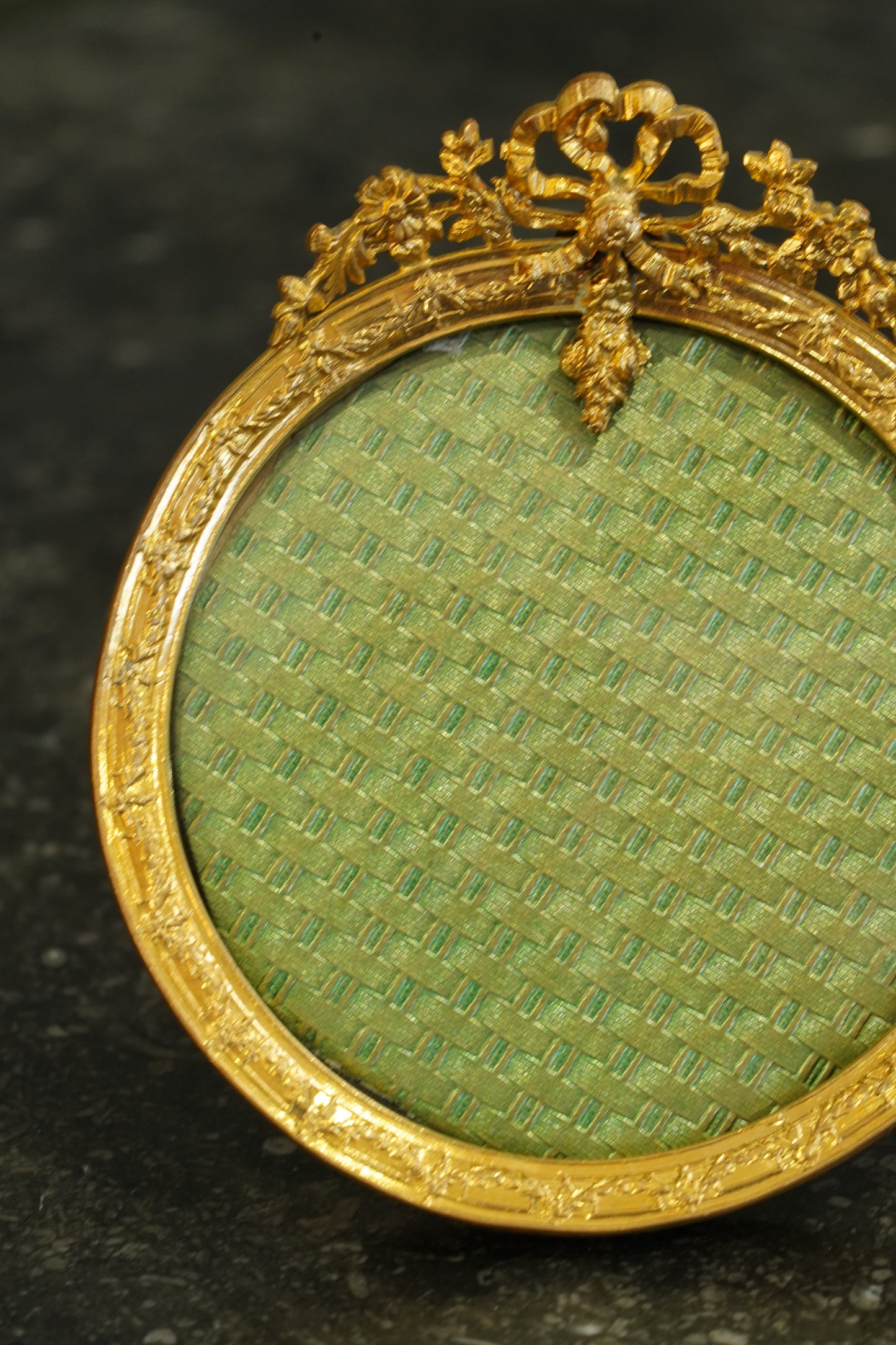 Antique French Gilt Brass Oval Picture Frame with Bow Crest